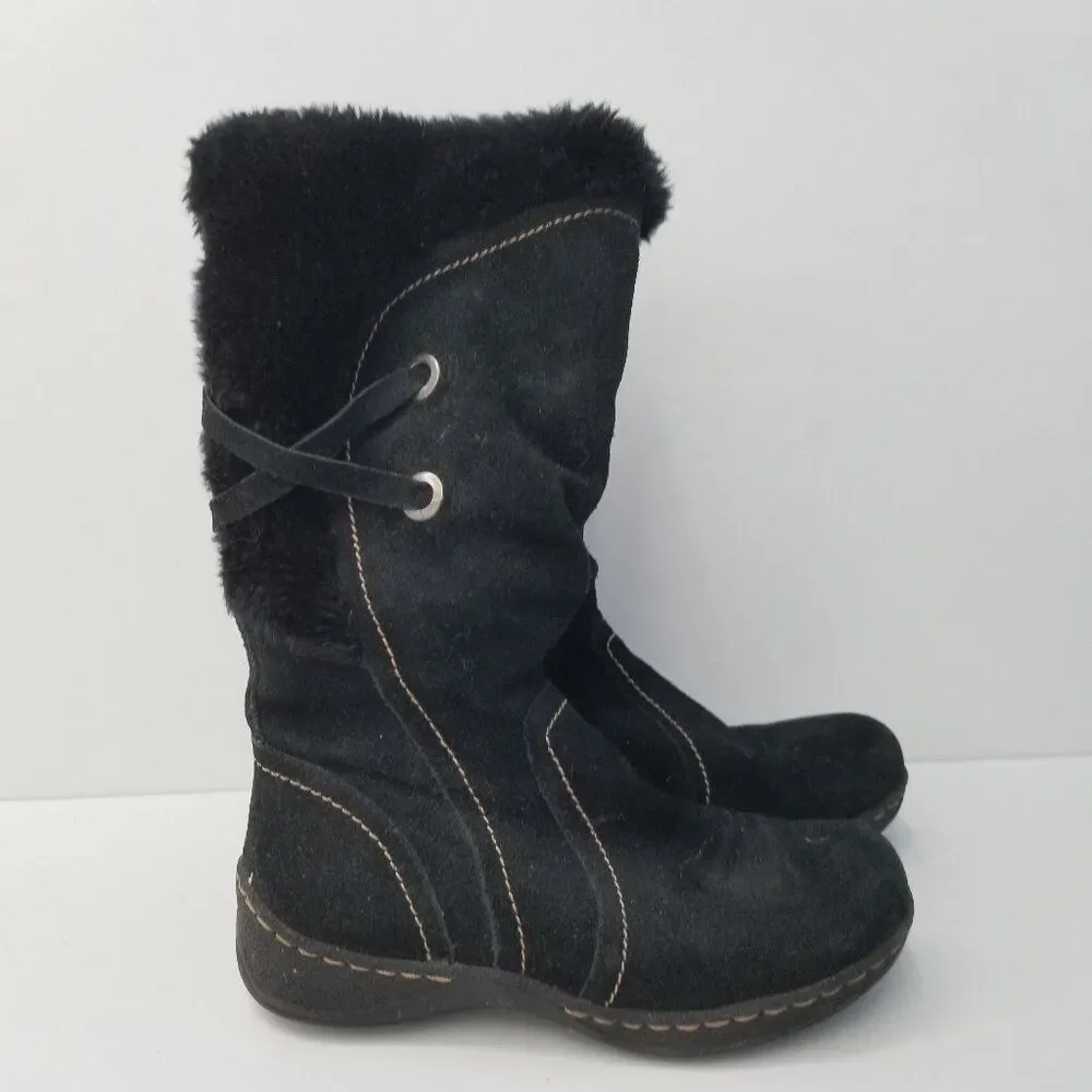 Black Winter Boots Leather Upper Faux Fur lined  7 M